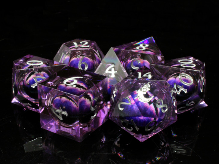 Old School Dice: Sharp Edged 7-Piece Dice Set - Liquid Infused - Serpent's Eye - Purple w/ Purple Eye