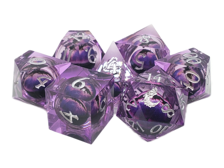 Old School Dice: Sharp Edged 7-Piece Dice Set - Liquid Infused - Serpent's Eye - Purple w/ Purple Eye