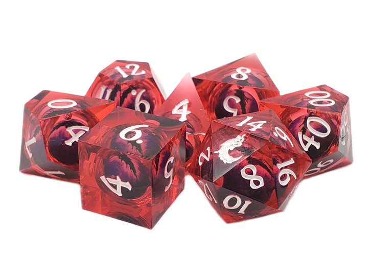 Old School Dice: Sharp Edged 7-Piece Dice Set - Liquid Infused - Serpent's Eye - Red w/ Purple Eye