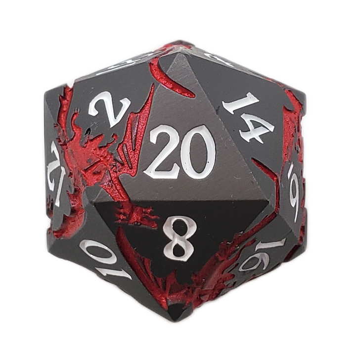 Old School DnD RPG Metal D20: Soaring Dragon - Matte Black w/ Red