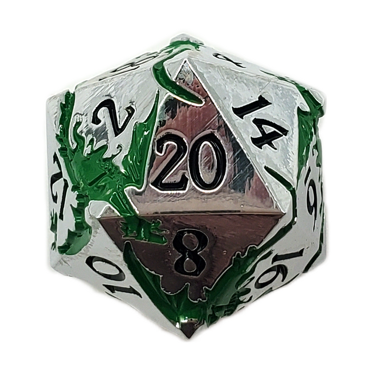 Old School DnD RPG Metal D20: Soaring Dragon - Silver w/ Green