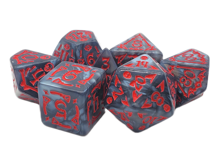 Old School 7 Piece DnD RPG Dice Set: Rune Dice - All Hallows Eve - Black w/ Red