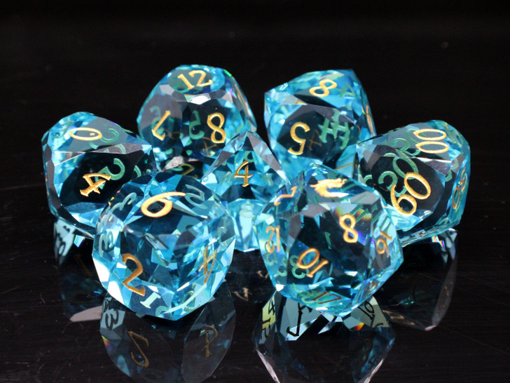 Old School Dice: Gemstone 7-Piece Set - Diamond Cut - Blue Topaz