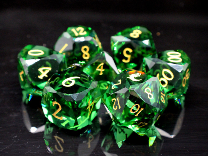 Old School Dice: Gemstone 7-Piece Set - Diamond Cut - Green Tourmaline