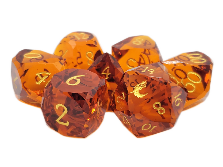 Old School Dice: Gemstone 7-Piece Set - Diamond Cut - Orange Tourmaline