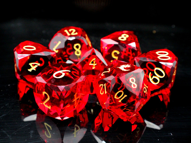 Old School Dice: Gemstone 7-Piece Set - Diamond Cut - Red Ruby