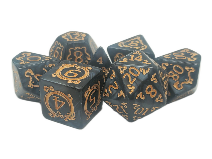 Old School 7 Piece DnD RPG Dice Set: Rune Dice - Coiled Serpent - Black w/ Gold