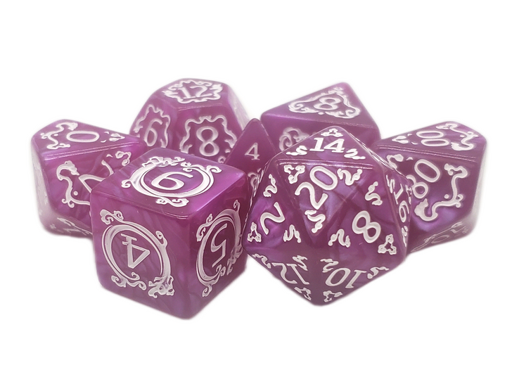 Old School 7 Piece DnD RPG Dice Set: Rune Dice - Coiled Serpent - Orchid w/ White