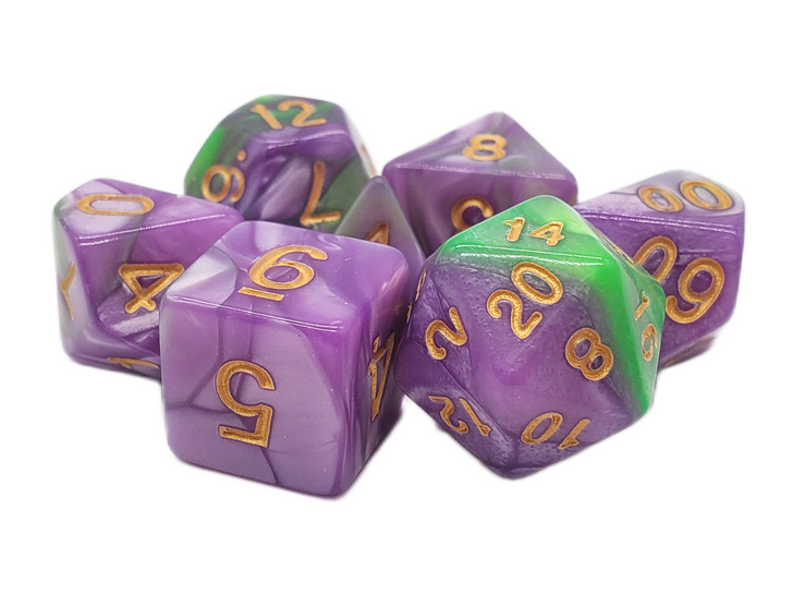 Old School 7 Piece DnD RPG Dice Set: Vorpal - Lavender & Green 