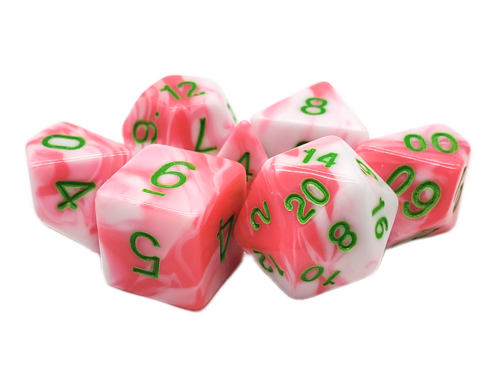 Old School 7 Piece DnD RPG Dice Set: Vorpal - Pink & White w/ Green