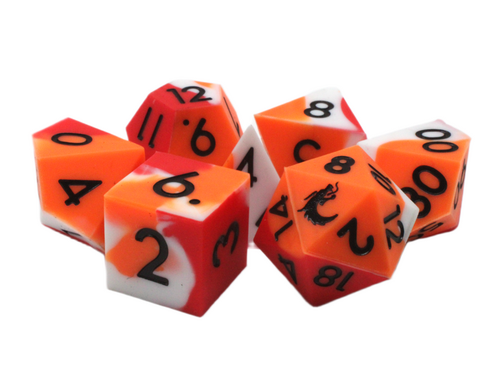 Old School Dice: Silicone 7-Piece Sets - Red, White & Orange