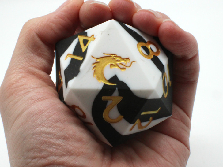 Old School Dice: Silicone 50mm D20 - Black & White w/ Gold