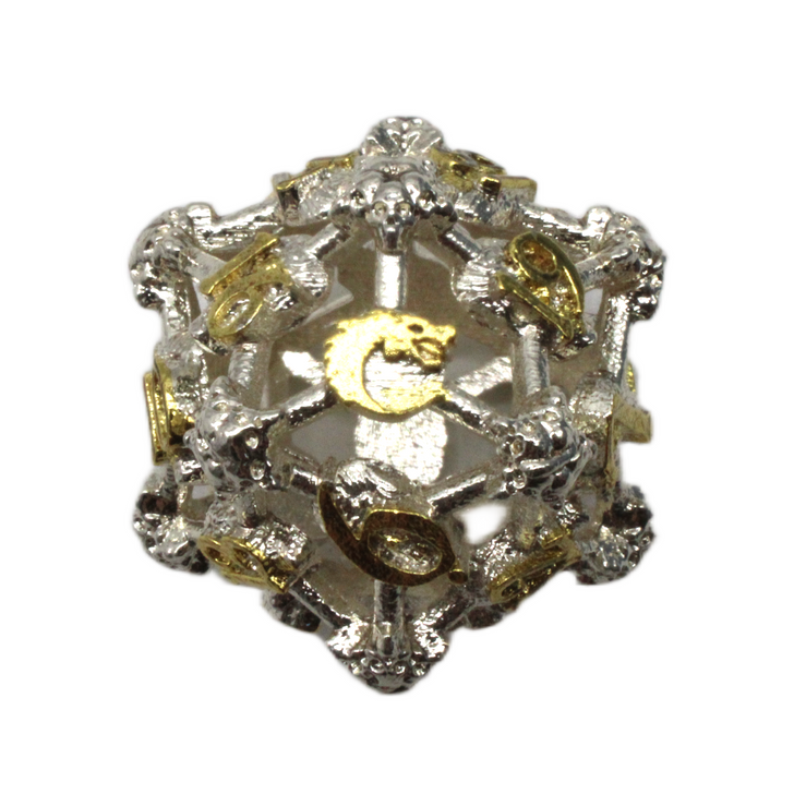 Old School Dice: Hollow Metal D20 Spindown - Skull - Silver w/ Gold