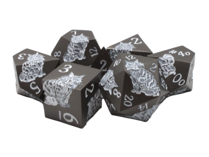 Old School 7 Piece DnD RPG Metal Dice Set: Nine Lives - Matte Black w/ White