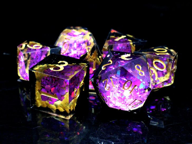 Old School Dice: Sharp Edged 7-Piece Dice Set - Geode - Amethyst w/ Black
