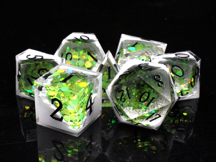 Old School Dice: Sharp Edged 7-Piece Dice Set - Geode - Green Fluorite w/ White