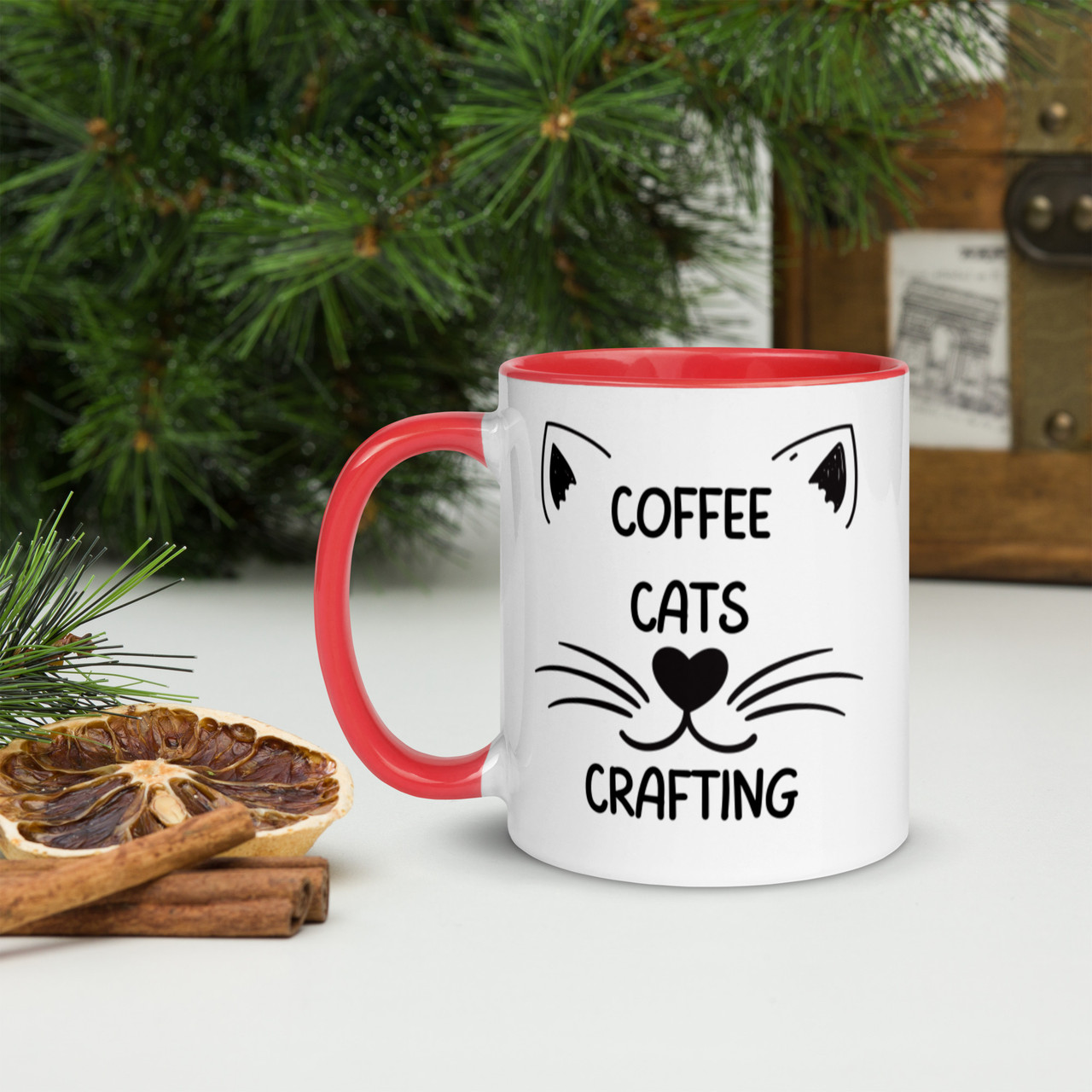 Coffee Cats & Crafting - White Mug with Colour Inside