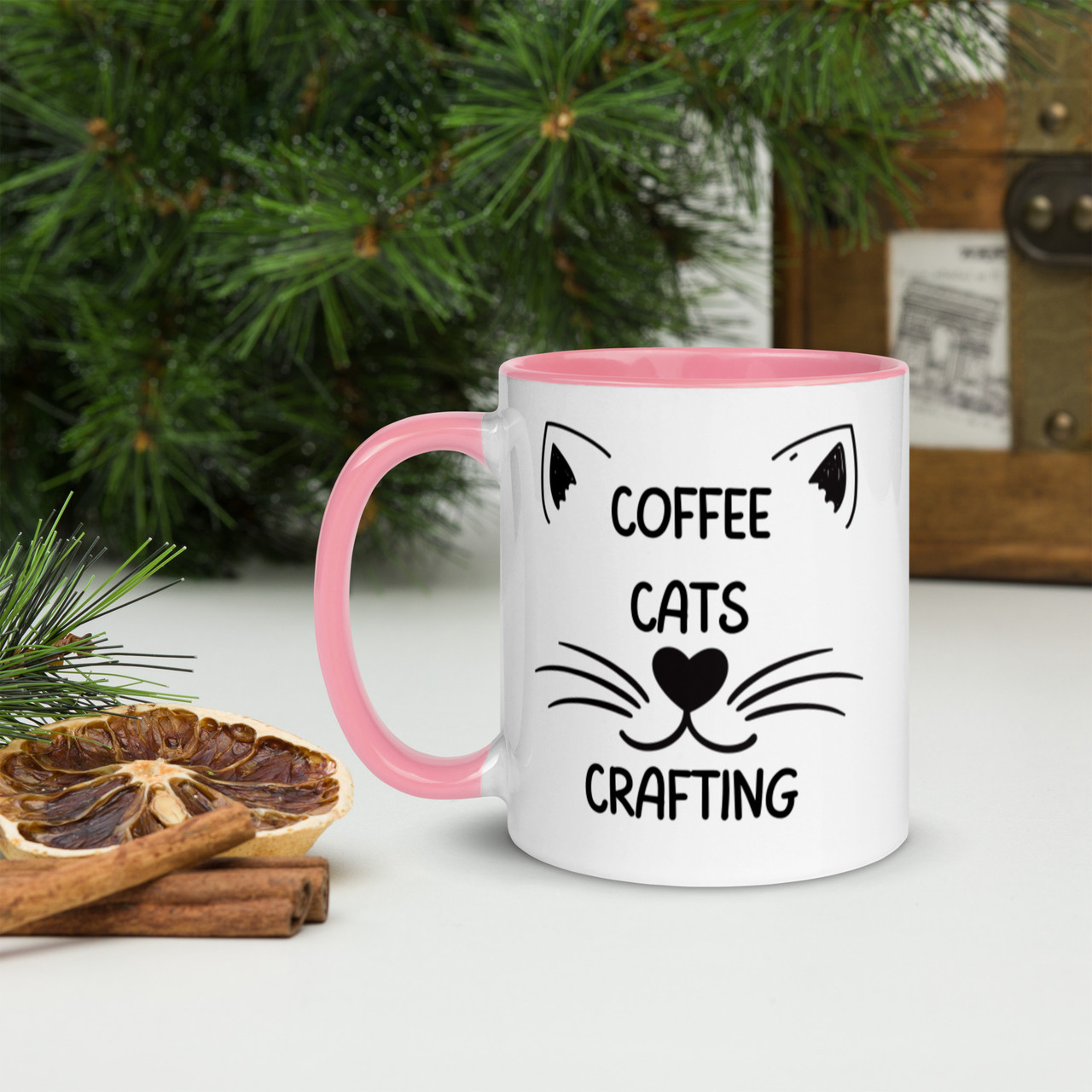 Coffee Cats & Crafting - White Mug with Colour Inside