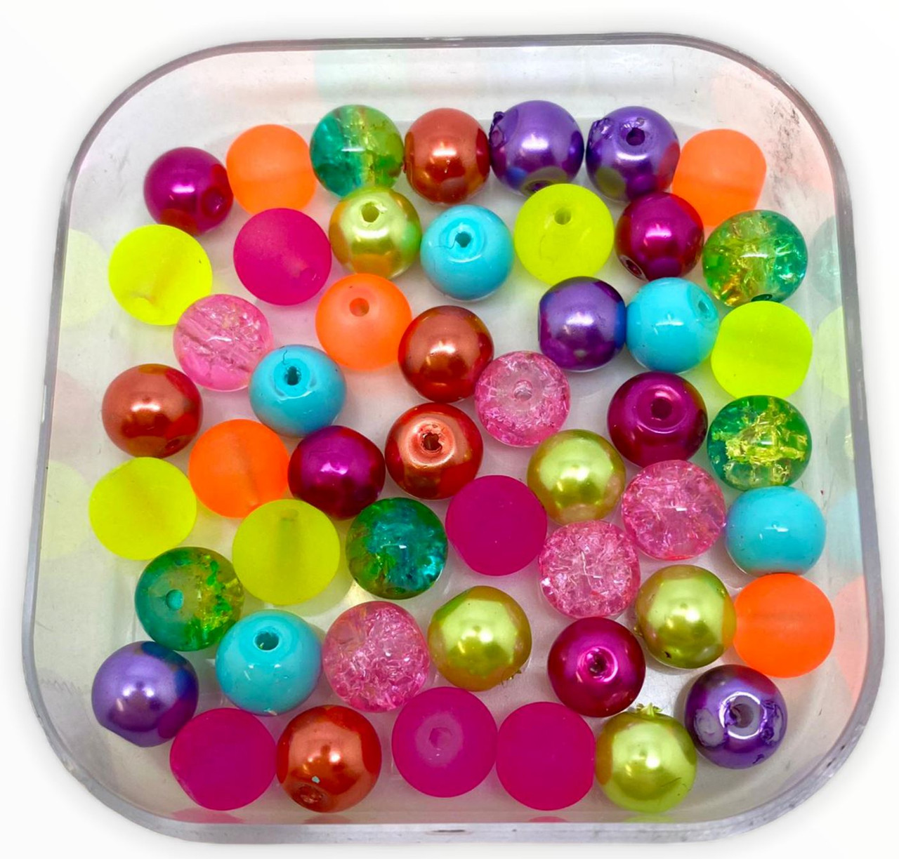 Mix of 10mm Pearl, Crackle and Frosted glass beads - Brights, approx 40 beads