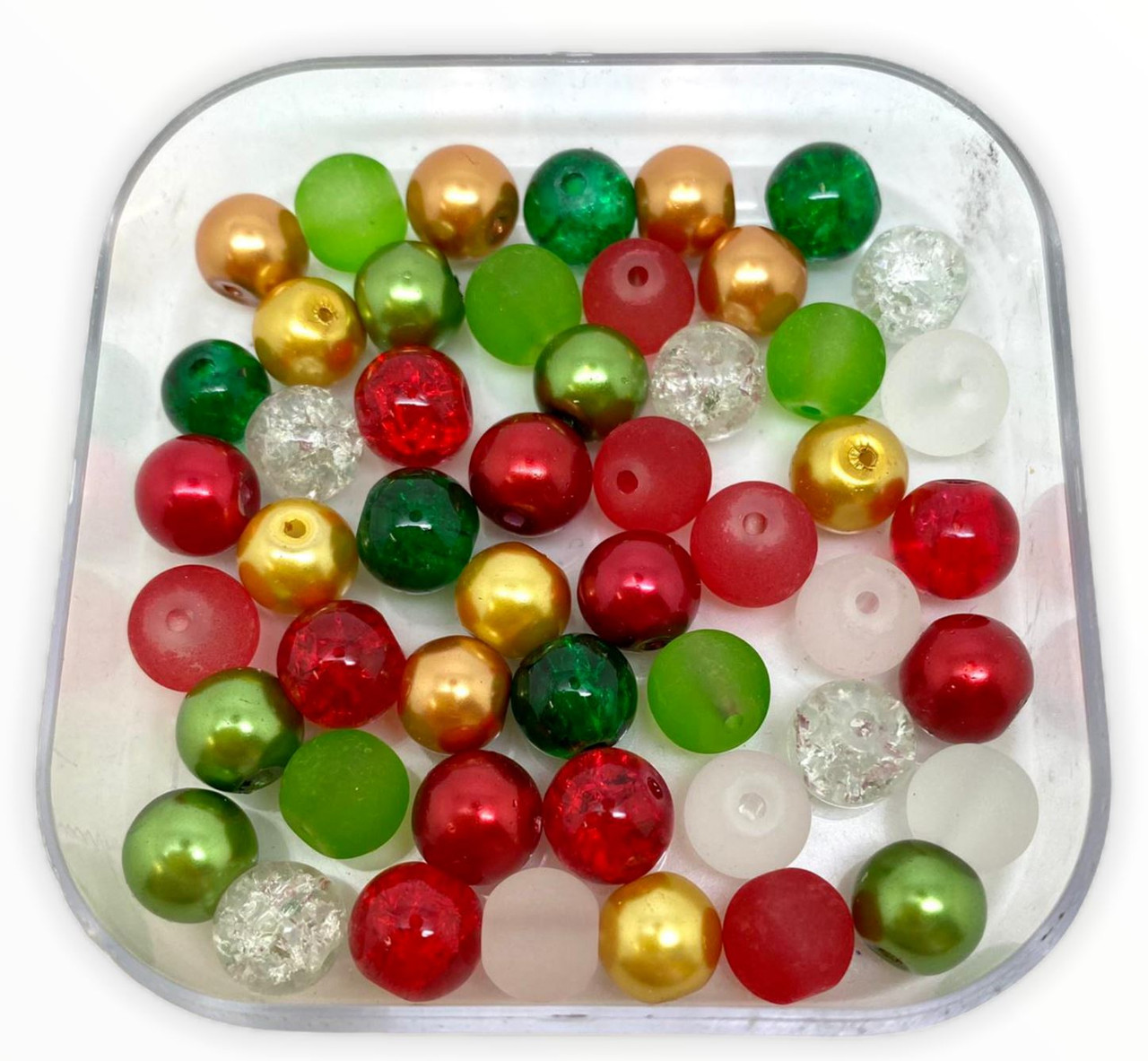 Mix of 10mm Pearl, Crackle and Frosted glass beads - Christmas, approx 40 beads
