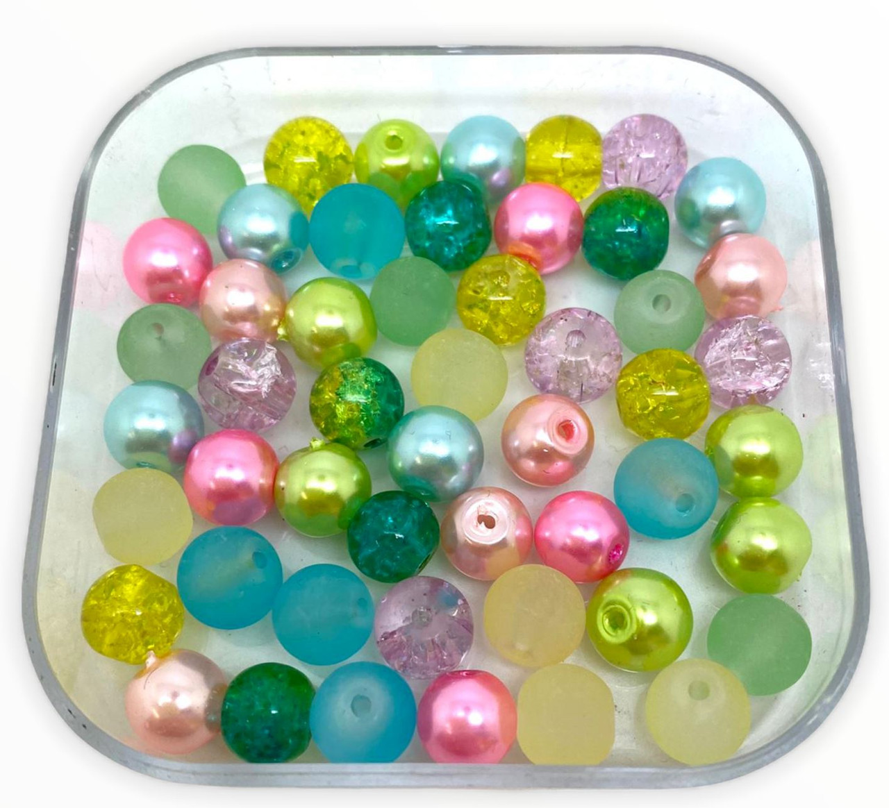 Mix of 10mm Pearl, Crackle and Frosted glass beads - Spring / Easter, approx 40 beads