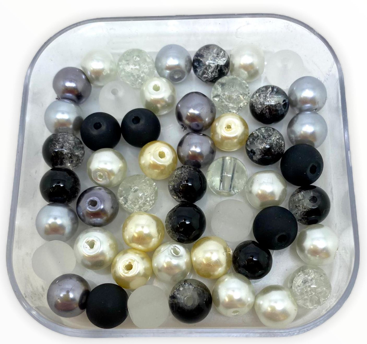 Mix of 6mm Pearl, Crackle and Frosted glass beads - Monochrome, approx 100 beads