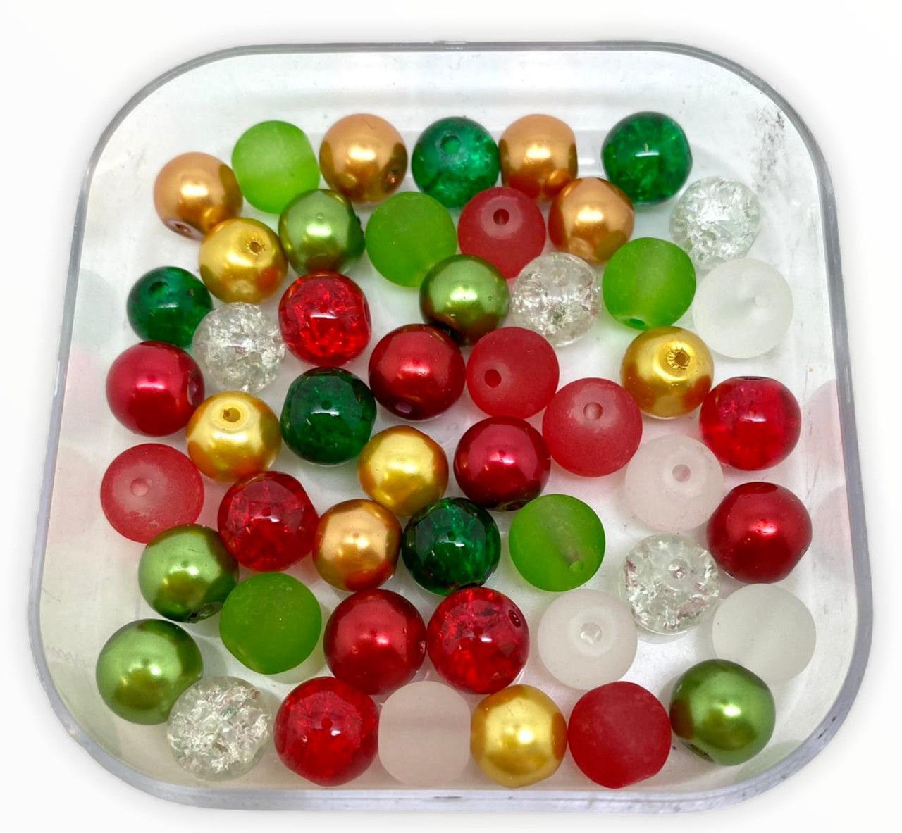 Mix of 6mm Pearl, Crackle and Frosted glass beads - Christmas, approx 100 beads