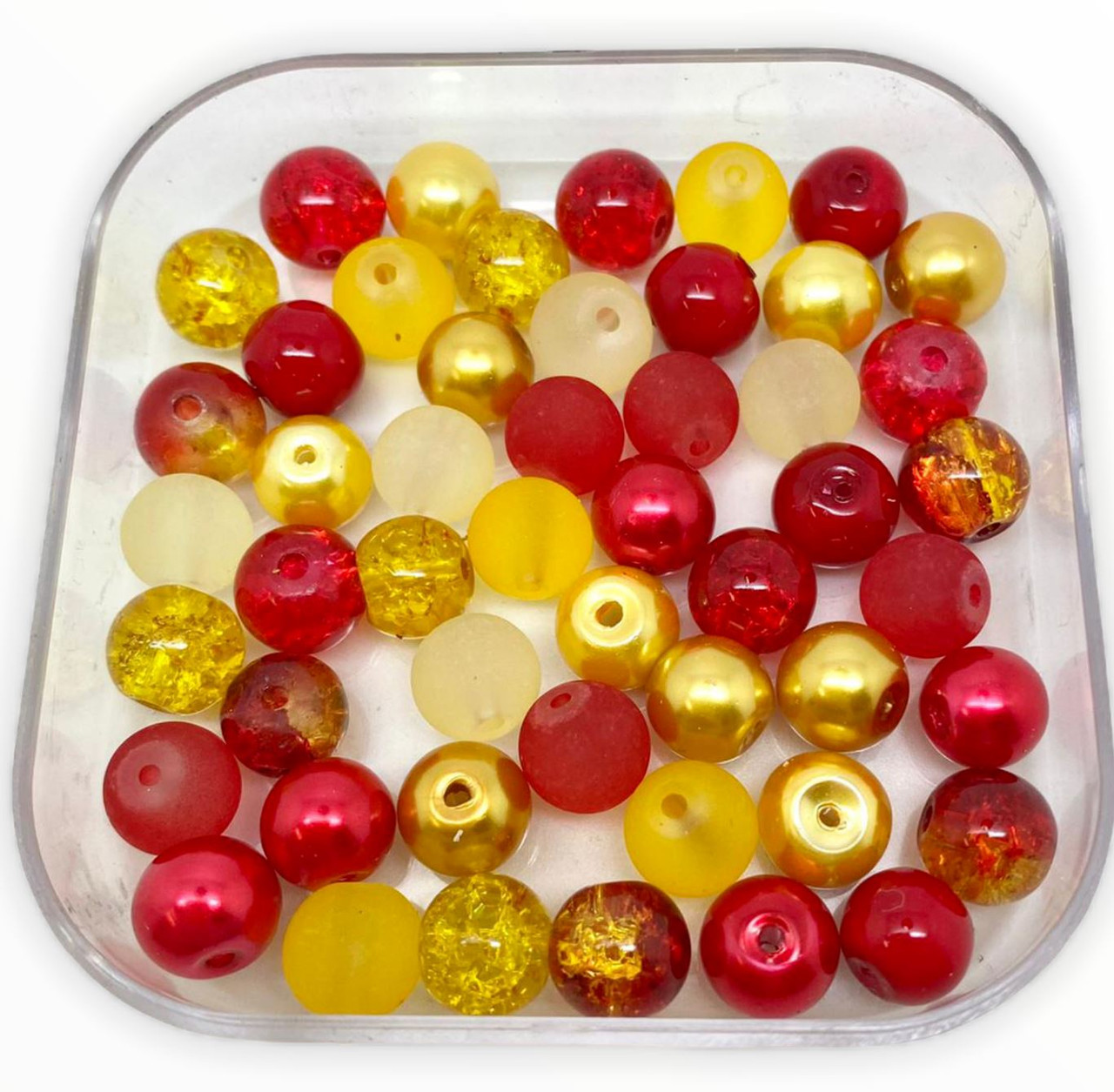 Mix of 8mm Pearl, Crackle and Frosted glass beads - Reds & Yellows, approx 50 beads
