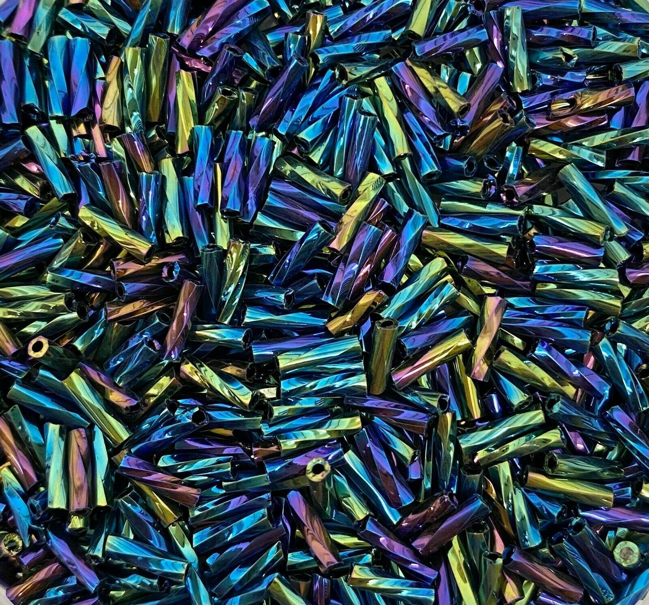 50g glass Twisted bugle beads - Rainbow Metallic - approx 6mm