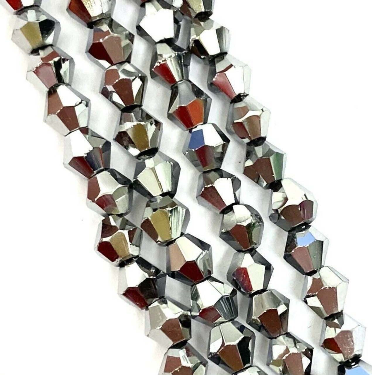 4mm Glass Bicone beads - PLATINUM METALLIC - approx 12" strand (75-80 beads)