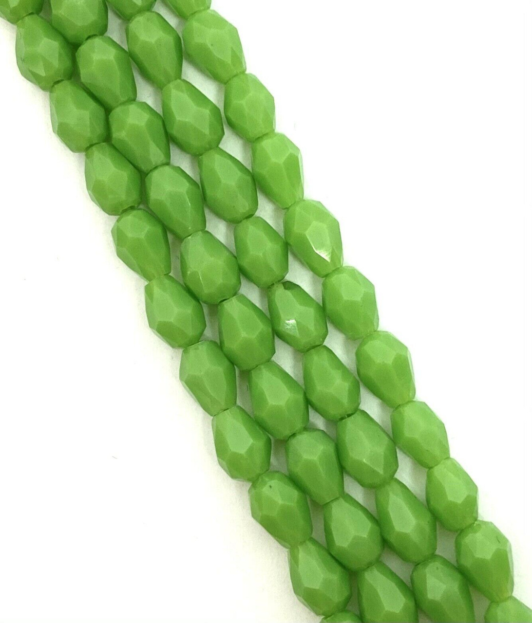 Strand of faceted drop glass beads (briolettes) - approx 6x4mm, Lime Green Opaque, approx 72 beads