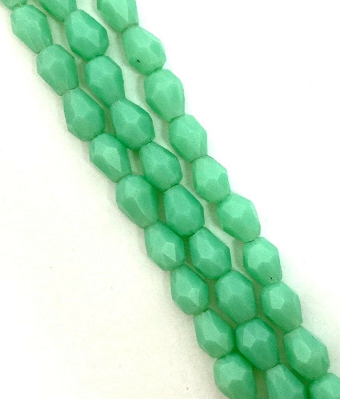 Strand of faceted drop glass beads (briolettes) - approx 6x4mm, Spearmint Green Opaque, approx 72 beads