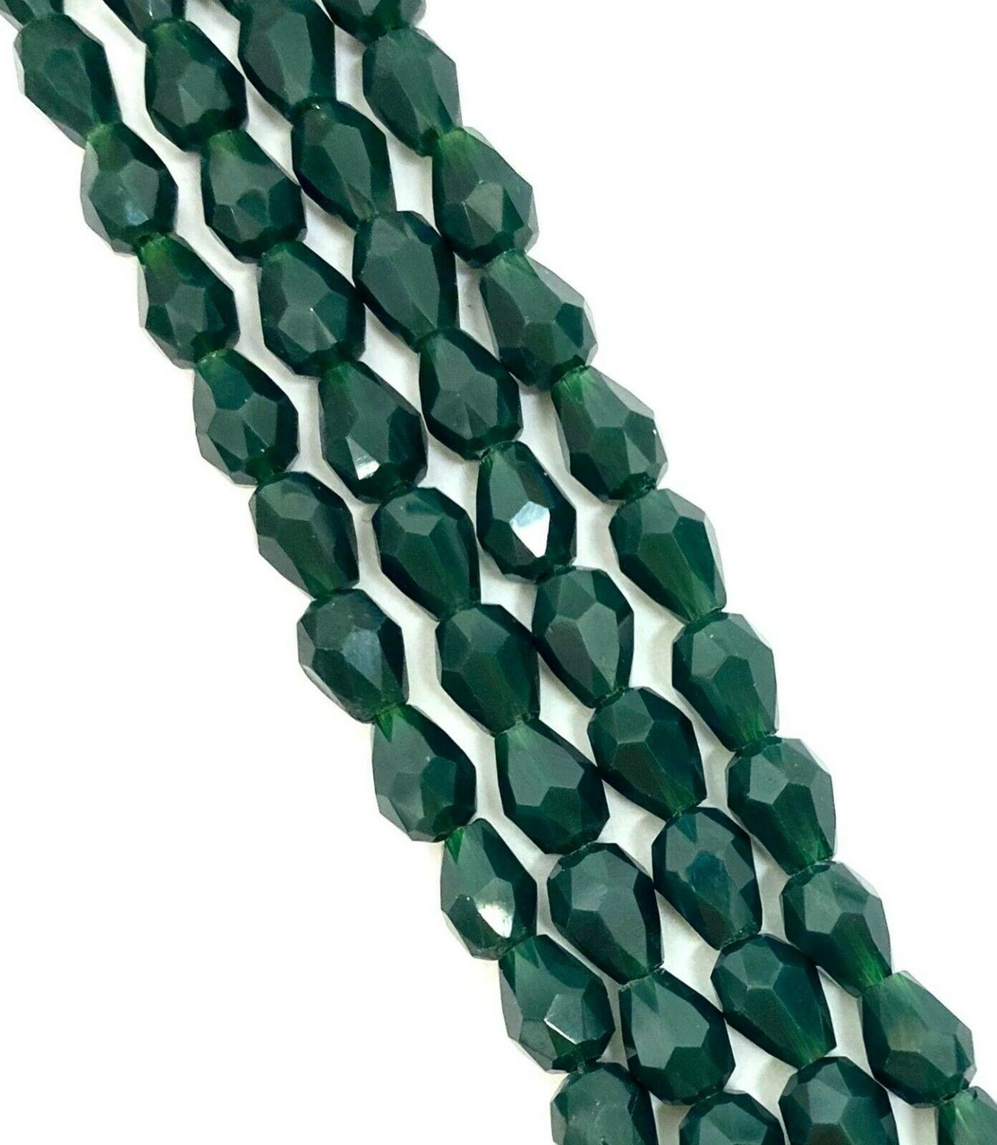 Strand of faceted drop glass beads (briolettes) - approx 6x4mm, Dark Forest Green Opaque, approx 72 beads