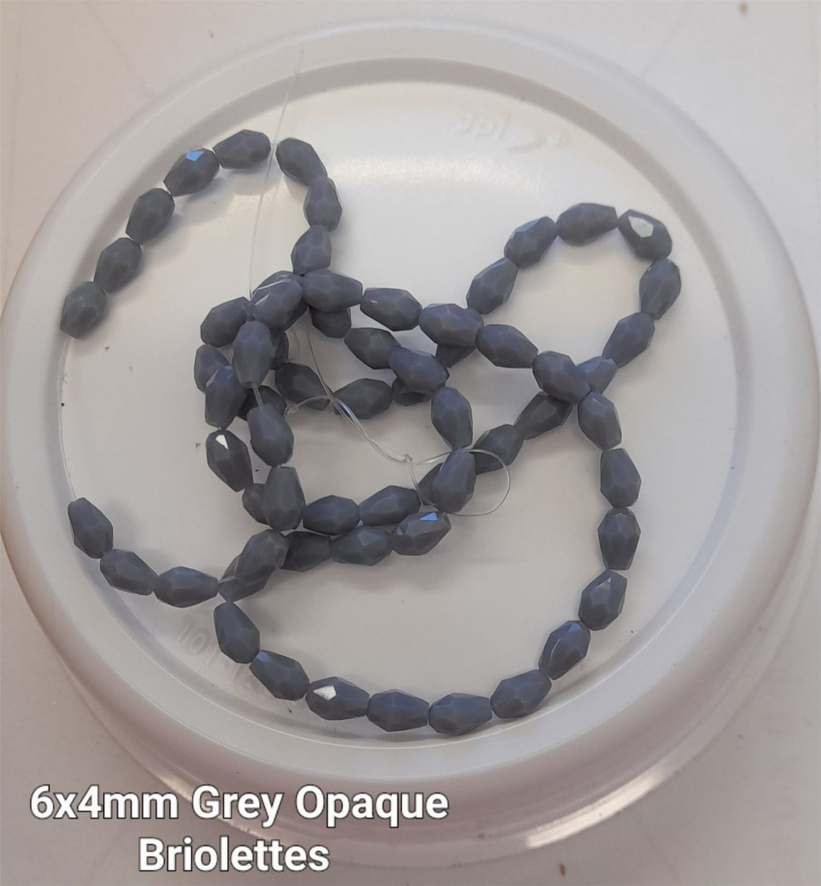 Strand of faceted drop glass beads (briolettes) - approx 6x4mm, Grey Opaque, approx 72 beads