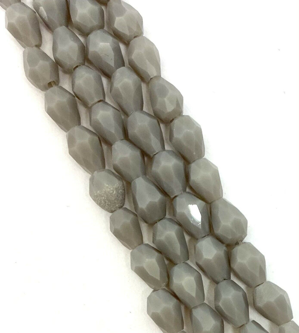 Strand of faceted drop glass beads (briolettes) - approx 6x4mm, Pale Grey Opaque, approx 72 beads