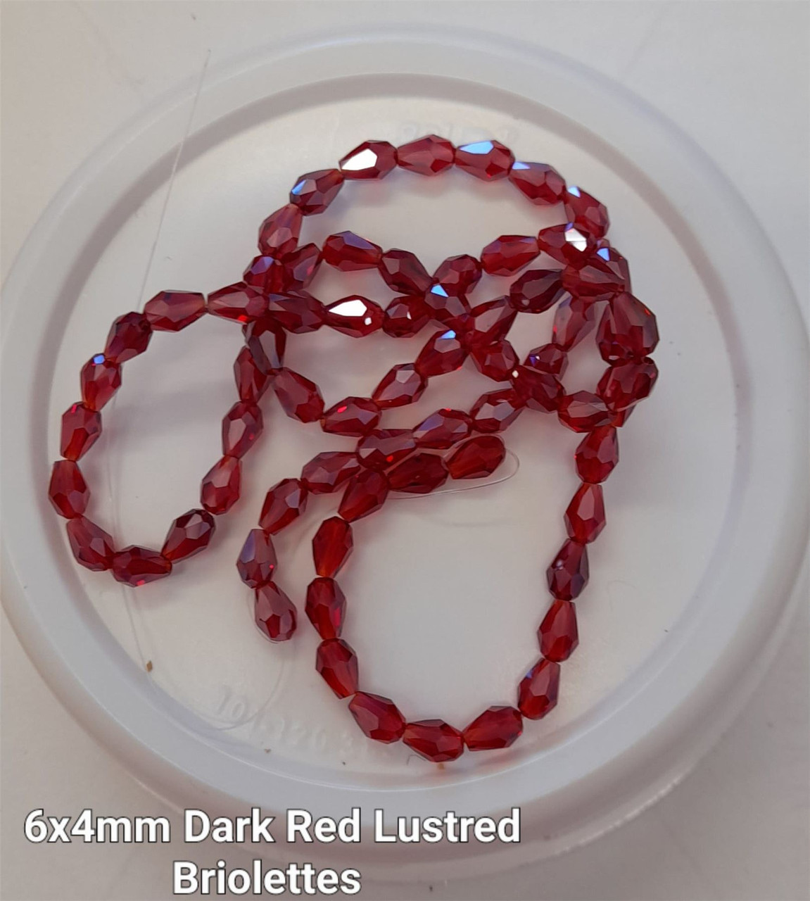 Strand of faceted drop glass beads (briolettes) - approx 6x4mm, Dark Red Lustered , approx 72 beads