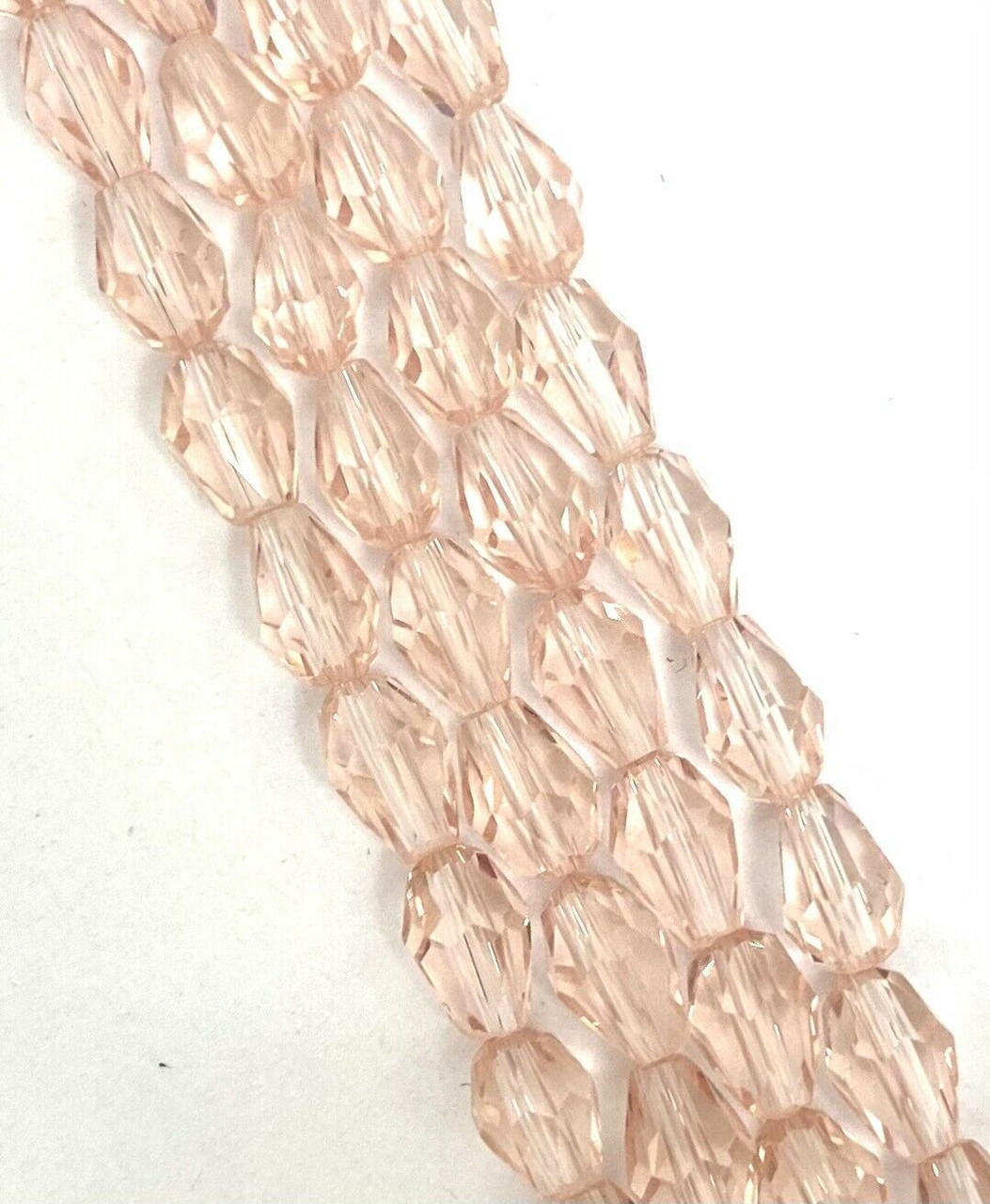 Strand of faceted drop glass beads (briolettes) - approx 6x4mm, Pale Pink, approx 72 beads