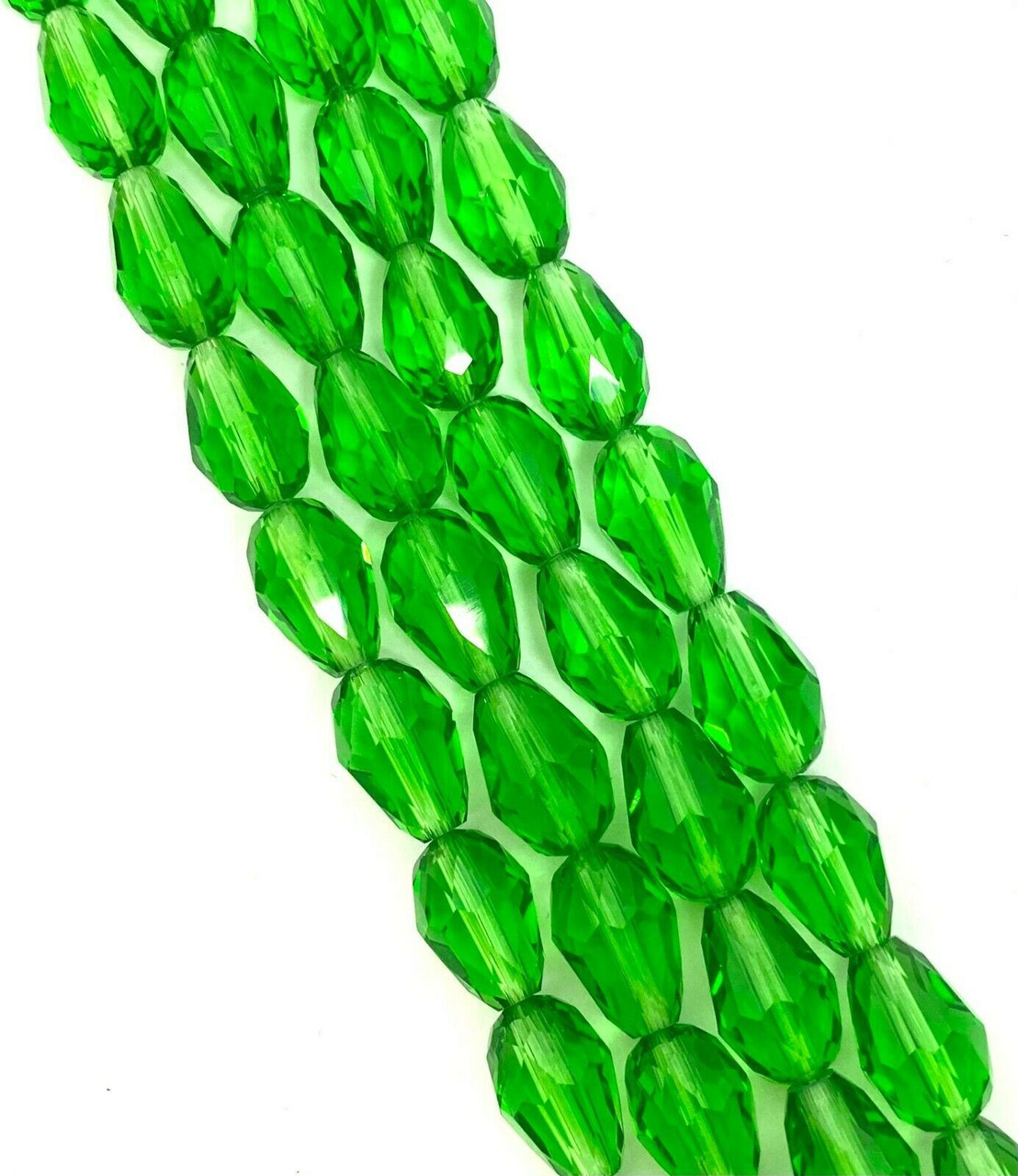 Strand of faceted drop glass beads (briolettes) - approx 6x4mm, Grass Green, approx 72 beads