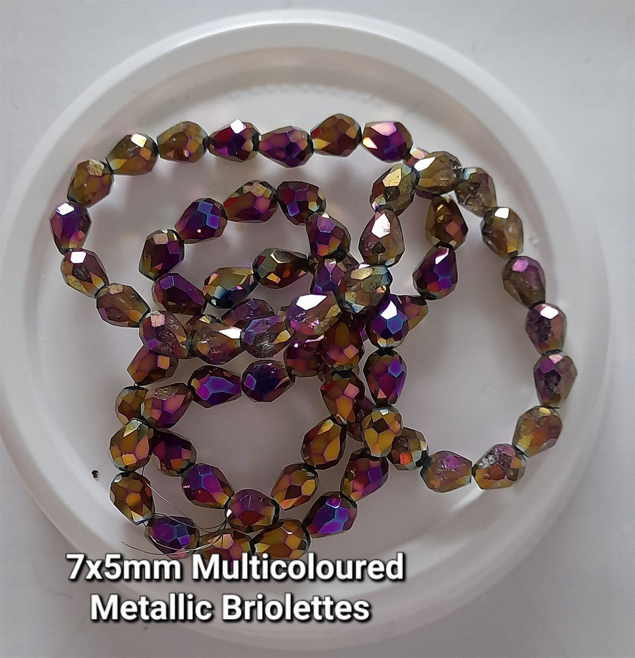 Strand of faceted drop glass beads (briolettes) - approx 7x5mm, Multicolour Metallic, approx 70 beads