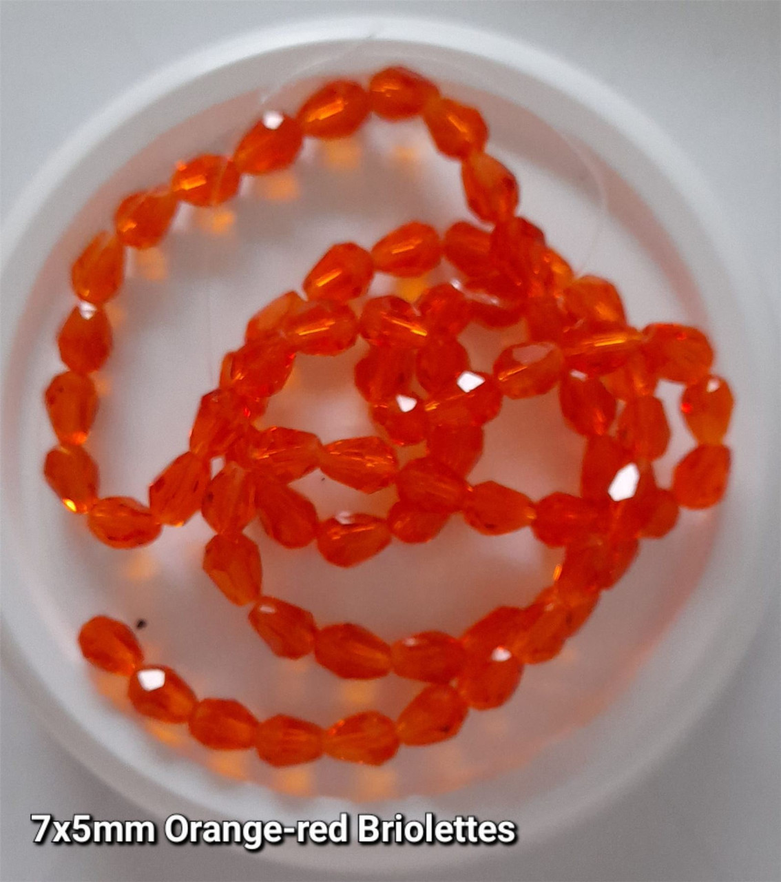 Strand of faceted drop glass beads (briolettes) - approx 7x5mm, Orange-Red, approx 70 beads