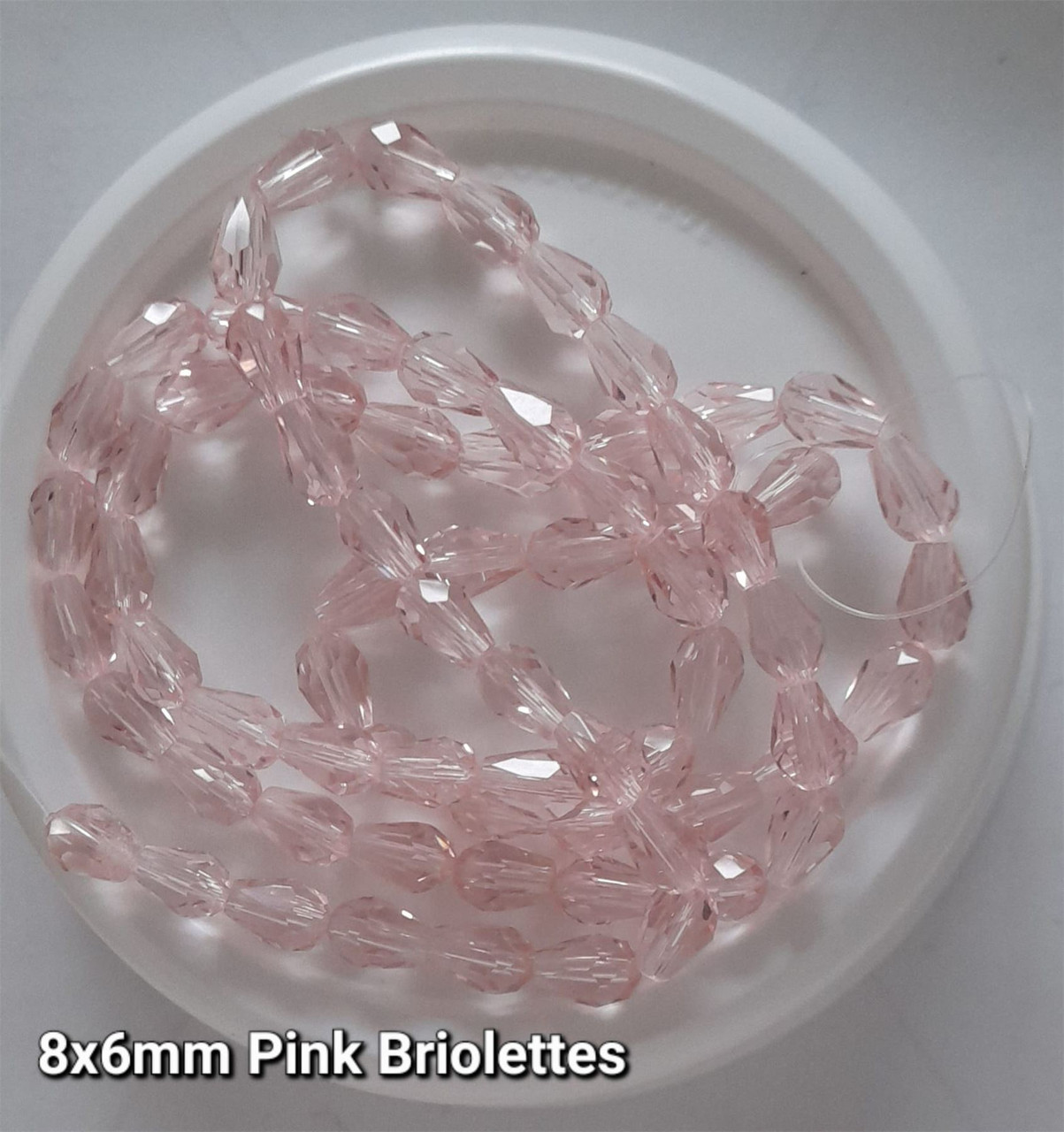 Strand of faceted drop glass beads (briolettes) - approx 8x6mm, Pink, approx 72 beads