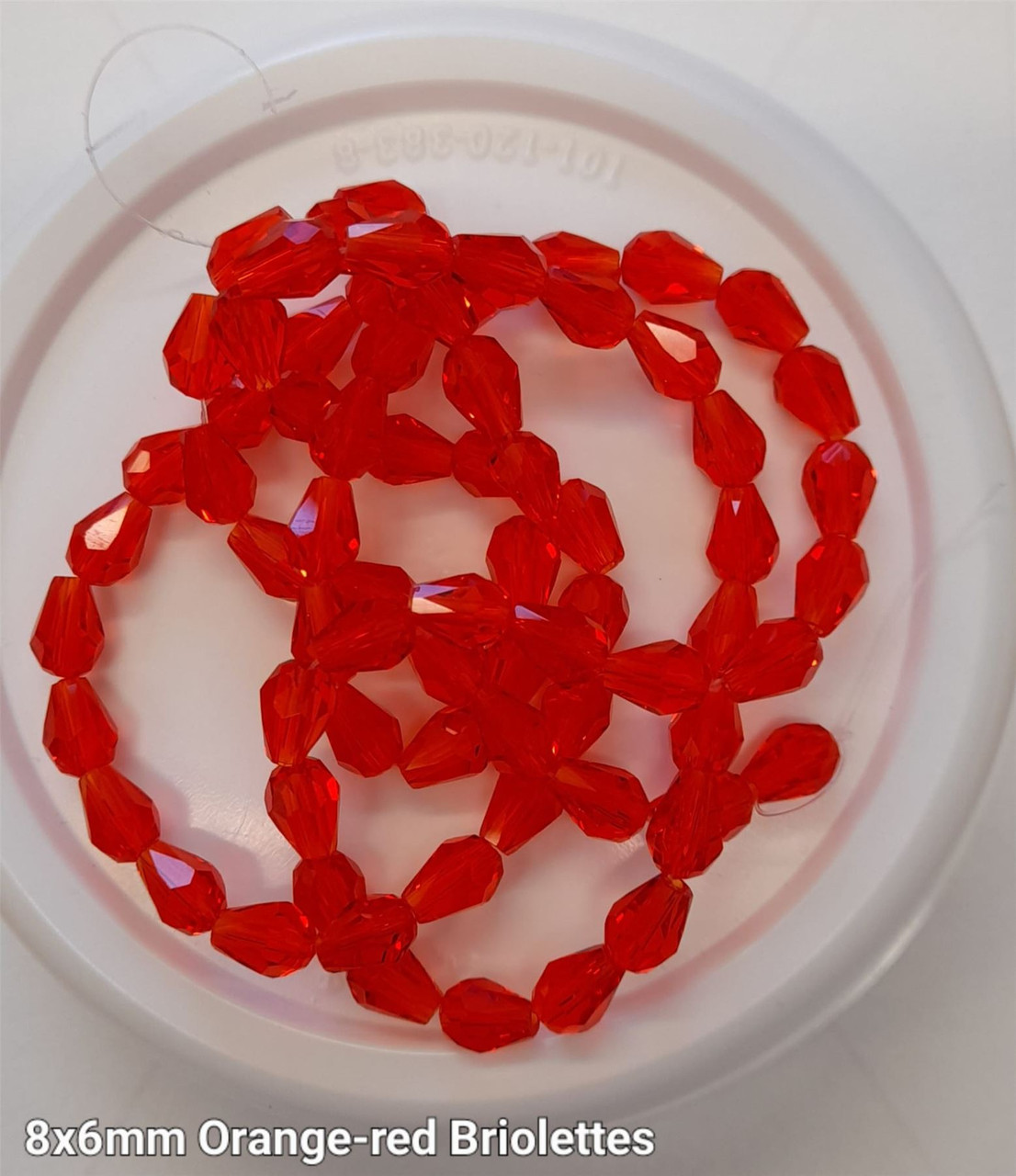 Strand of faceted drop glass beads (briolettes) - approx 8x6mm, Orange-Red, approx 72 beads