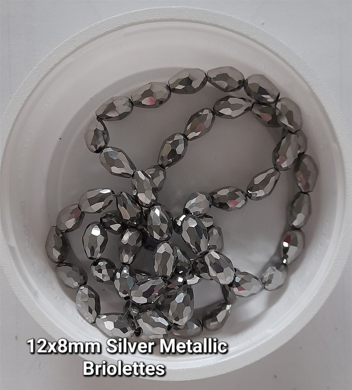 Strand of faceted drop glass beads (briolettes) - approx 12x8mm, Silver Metallic, approx 60 beads