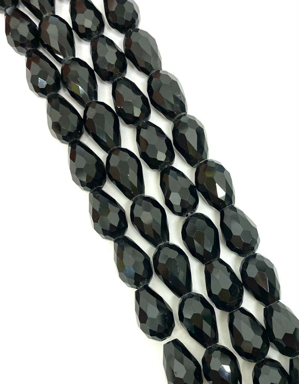 Strand of faceted glass drop beads (briolettes) - approx 11x8mm, Black, approx 60 beads