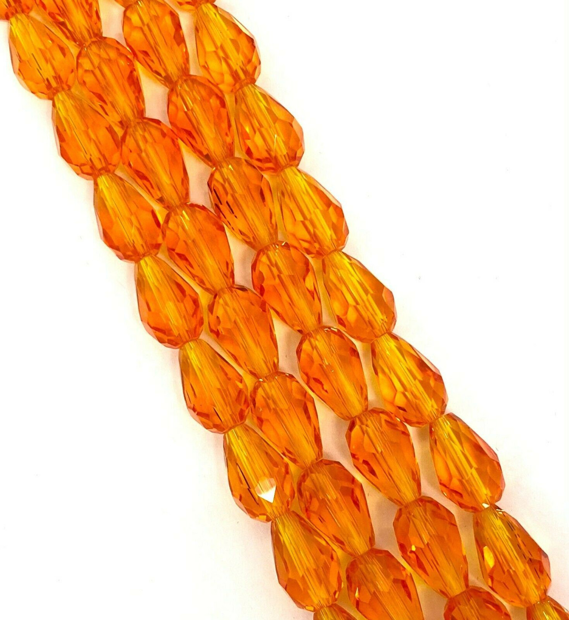 Strand of faceted glass drop beads (briolettes) - approx 11x8mm, Orange, approx 60 beads