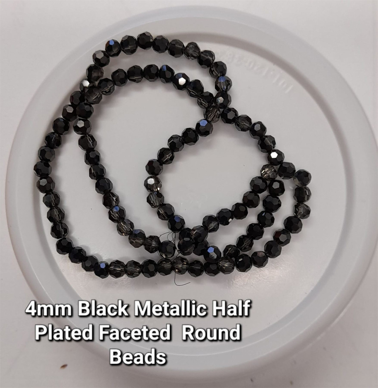 Strand of faceted round glass beads - approx 4mm, Half-Plated Black Metallic, approx 100 beads, 14-16in