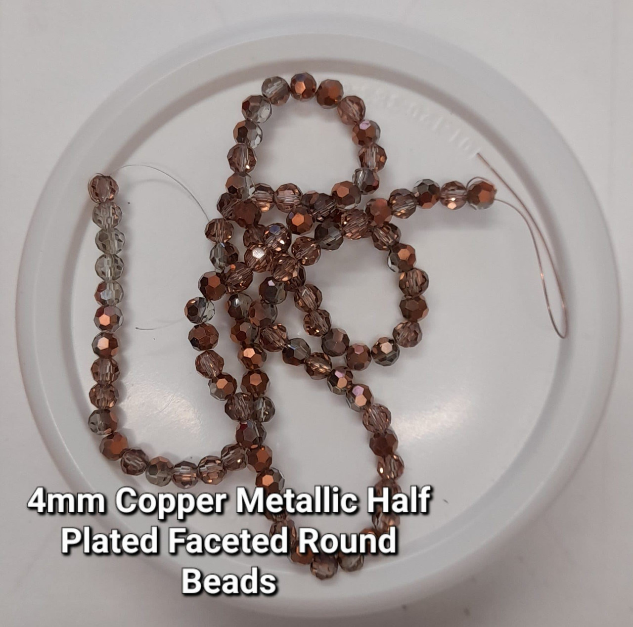 Strand of faceted round glass beads - approx 4mm, Half-Plated Copper Metallic, approx 100 beads, 14-16in