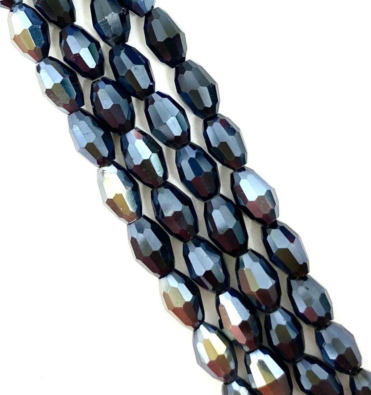 Strand of faceted rice glass beads - approx 6x4mm, Black Lustered (Charcoal) , approx 72 beads