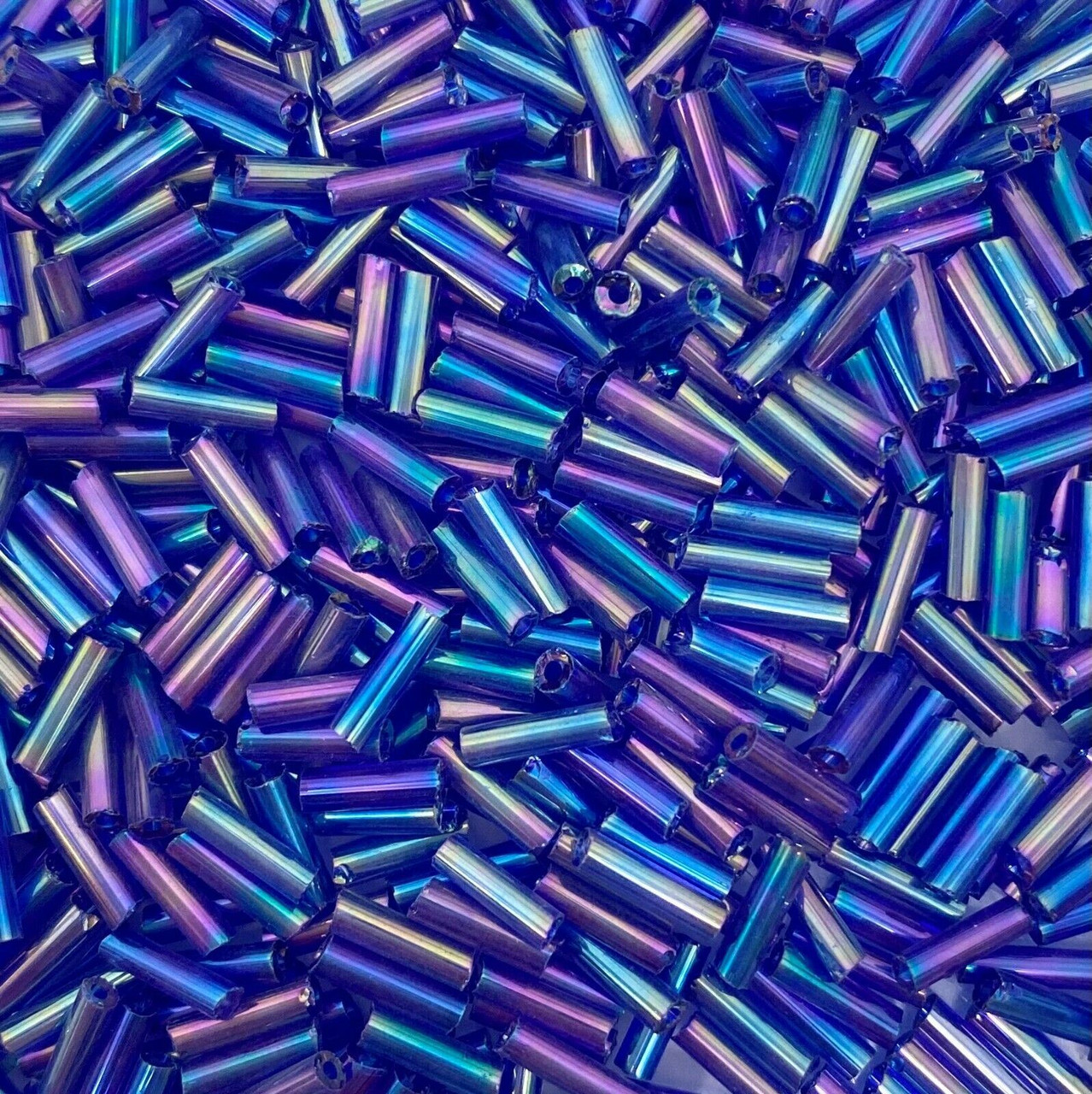 50g glass bugle beads - Deep Blue Rainbow - approx 6mm tubes, craft