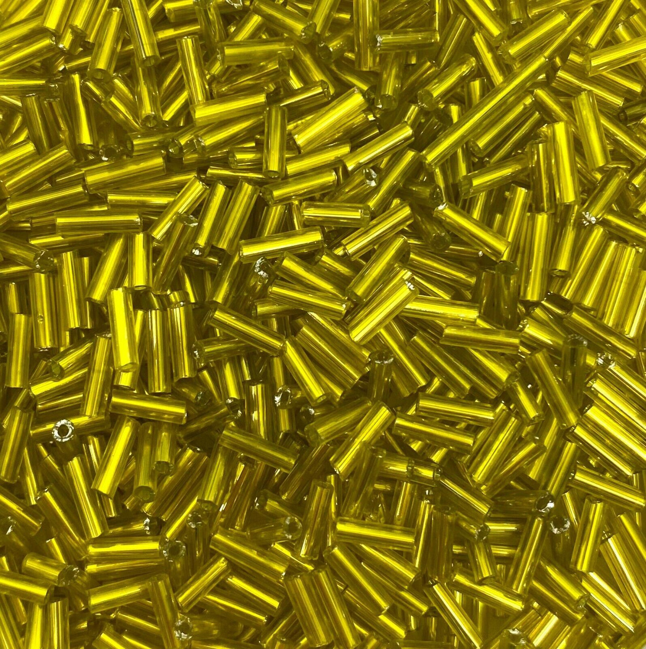 50g glass bugle beads - Yellow Silver-Lined - approx 6mm